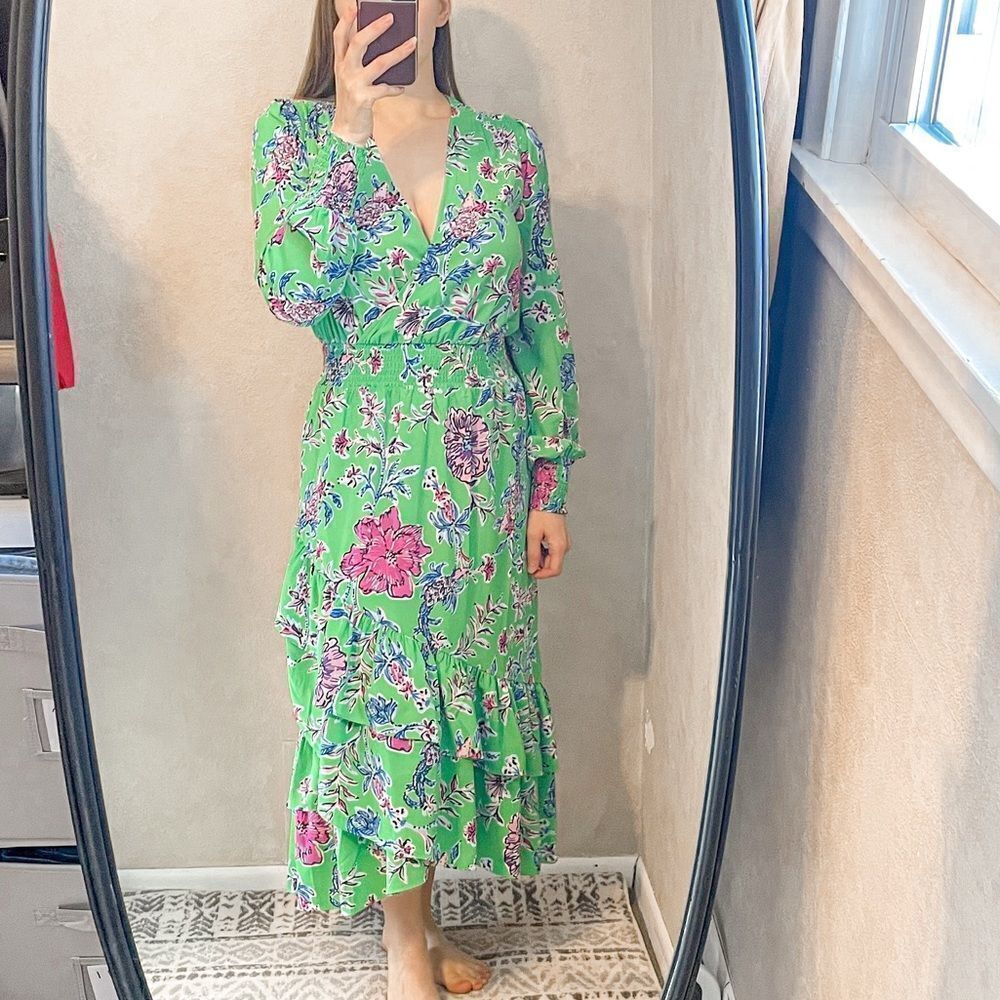 Lilly Pulitzer Cristiana Stretch Midi Dress Green Floral 4 - Picture 4 of 9
